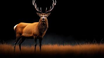 Majestic Red Deer Stag in Autumn Grassland Dark Background Wildlife Photography photo