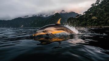 Majestic Dolphin Leaping in Ocean Waters at Sunset Dramatic Mountain Landscape Background photo