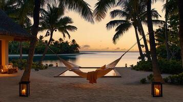 Serene Sunset Hammock Scene Tropical Beach Relaxation at Dusk photo