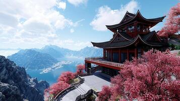 Serene Asian Temple Perched on Mountaintop with Stunning Lake and Mountain View Cherry Blossoms in photo