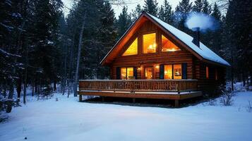 Cozy Illuminated Log Cabin in Snowy Winter Forest at Dusk photo