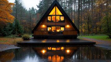Illuminated A Frame Cabin in Autumnal Forest Rain Reflecting in Puddle photo