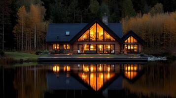 Luxurious Log Cabin Lakeside at Night Autumn Setting Illuminated Windows photo