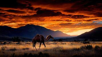 Majestic Camel Silhouette at Sunset in Mountain Landscape Dramatic Sky photo