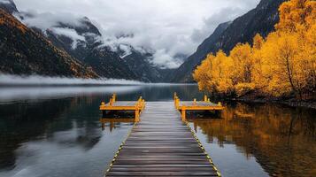 Serene Autumn Lake Landscape Wooden Dock Golden Trees Misty Mountains photo