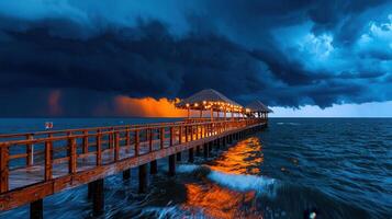 Dramatic Ocean Pier Scene with Storm Clouds Wooden Deck and Gazebo Lights at Sunset photo
