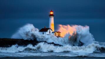 Dramatic Lighthouse with Crashing Waves at Night Seascape Photography photo