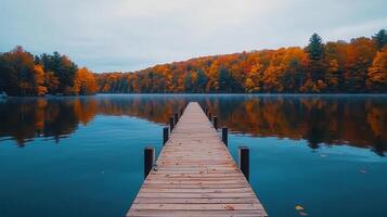 Serene Autumn Lake Scene Wooden Dock Extending to Colorful Fall Foliage photo