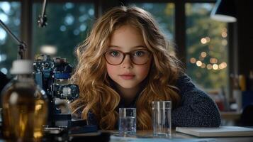 Intelligent Young Girl in Glasses Studying Science Experiments in Lab photo