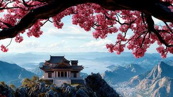 Serene Mountaintop Temple with Blooming Pink Cherry Blossoms and Panoramic View photo