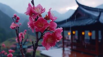 Pink Plum Blossoms in Rain Asian Temple Background Scenic Nature Photography photo