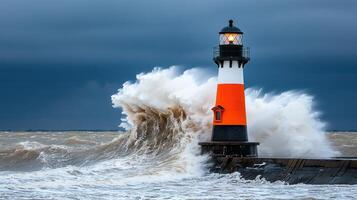 Dramatic Lighthouse with Powerful Waves Crashing During Stormy Seascape photo