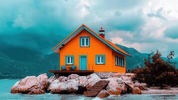Vibrant Orange Coastal House on Rocky Shore Scenic Mountain View photo
