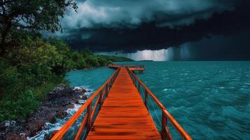 Dramatic Seascape Wooden Pier Extending to Ocean Under a Stormy Sky photo