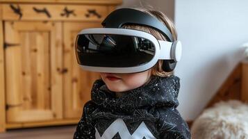 Child wearing virtual reality headset exploring immersive digital world photo