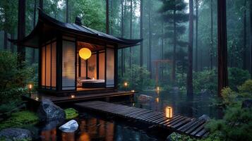 Serene Japanese Style Pavilion in Misty Forest at Night Wooden Bridge Tranquil Pond Lanterns photo