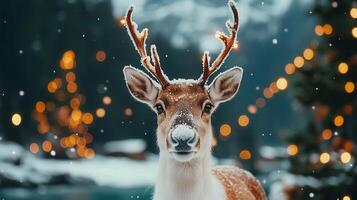 Festive Reindeer Portrait Winter Wonderland with Snow and Lights photo