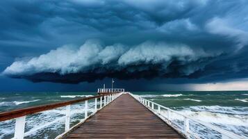 Dramatic Ocean Storm Cloudscape Over Wooden Pier Coastal Seascape Photography photo