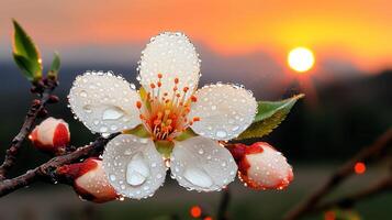 Dew Kissed Blossom at Sunrise Close up of a Flower with Water Droplets photo