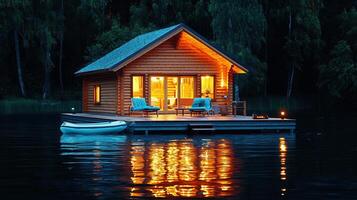 Illuminated Lakeside Log Cabin Getaway at Night Calm Waters Floating Home photo
