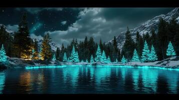 Enchanting Winter Night Scene Illuminated Pine Trees by a Calm Lake in Snowy Mountains photo