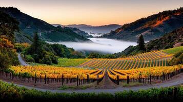 Scenic Autumn Vineyard Landscape with Foggy Valley and Rolling Hills photo