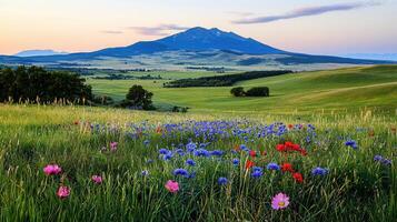 Serene Mountain Meadow Landscape with Wildflowers at Sunset photo