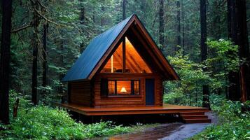 Cozy Log Cabin in Lush Green Forest Rainy Day Atmosphere A Frame Design photo