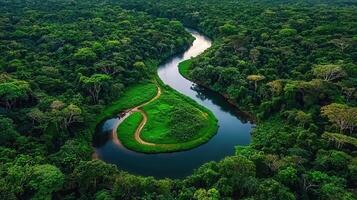 Aerial View of Serpentine River Winding Through Lush Green Rainforest Canopy photo