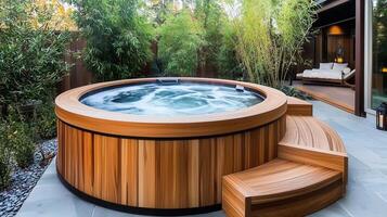Luxurious Outdoor Wooden Hot Tub with Steps in a Serene Backyard Oasis photo