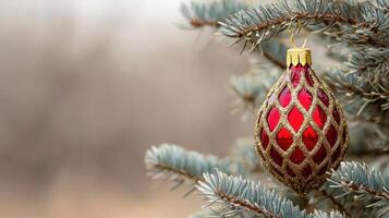 Close-up of a red christmas ornament hanging on a pine tree branch photo