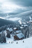 Winter ski resort in the mountains with skiers on snow-covered slopes and cozy cabins photo