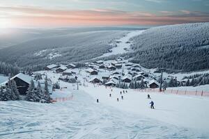 Skiers enjoying a winter day on slopes near snow-covered village at dusk photo