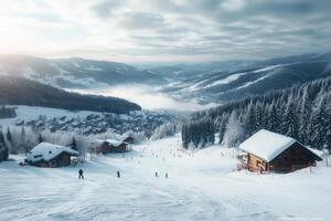 Aerial view of skiers on slopes with snow-covered chalets and mountains in background photo