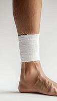 Injured ankle with white bandage on human leg isolated on light background photo
