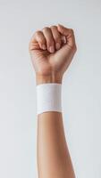 Hand with bandage on wrist raised in fist position against plain background photo