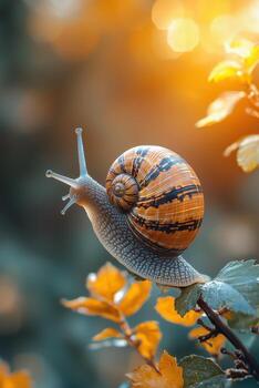 Close-up of a snail on a leaf with sunlight in the background photo