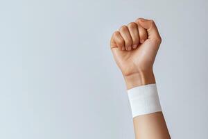 Bandaged arm with fist raised against a neutral background photo