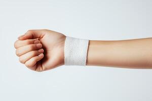 Close-up of a human wrist wrapped with white bandage on a neutral background photo