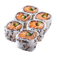 red sushi roll with salmon and cucumber on transparent background png