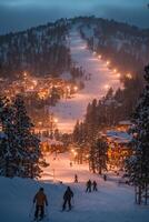 Skiers descending a snowy hill with warm lights in a winter resort landscape photo
