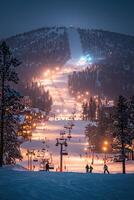 Ski resort at night with snowy slopes and illuminated chairlifts under a starry sky photo