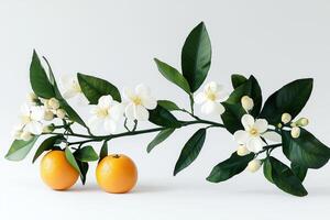 Orange fruits with delicate white flowers and lush green leaves on a light background photo