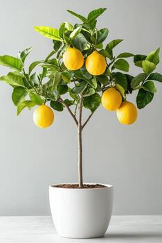 Lemon tree with fresh lemons in a white pot on a light gray background photo