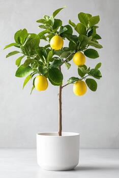 Lemon tree with ripe lemons in a white pot on a light background photo