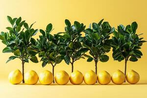 Row of lemon trees and lemons against a bright yellow background photo