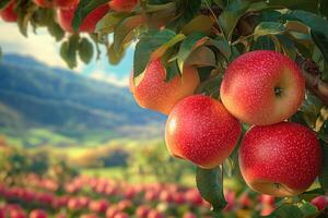 Fresh red apples hanging on a tree branch in an orchard with a scenic mountain view photo