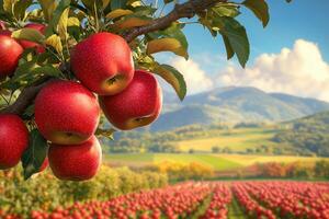 Vibrant red apples hanging on a branch in a picturesque orchard with a scenic mountain background photo
