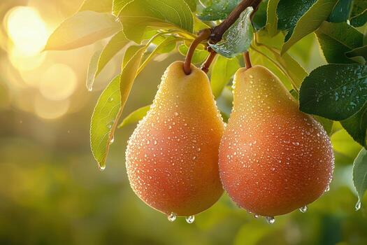Fresh pears with water droplets on tree branch in soft morning light photo