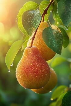 Fresh pears with water droplets on tree branch in morning light photo